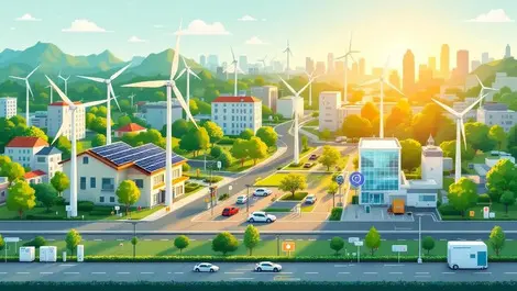 Modern cityscape solar panels wind turbines electric vehicles smart devices clean energy