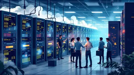 Realistic illustration busy server room flickering servers it professionals examining equipment urgency technical disruption