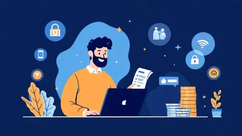 Happy professional checking expenses laptop finance security automation icons