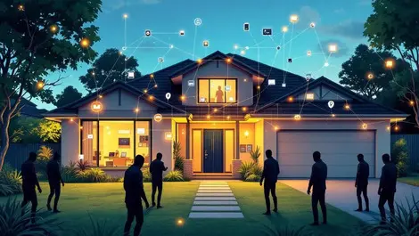 Australian suburban home with smart devices and cyber threats illustration