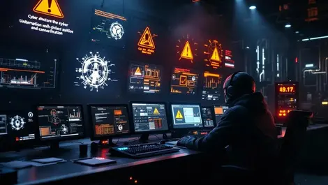 Dimly lit industrial control room multiple screens warning symbols cyber attack disruption