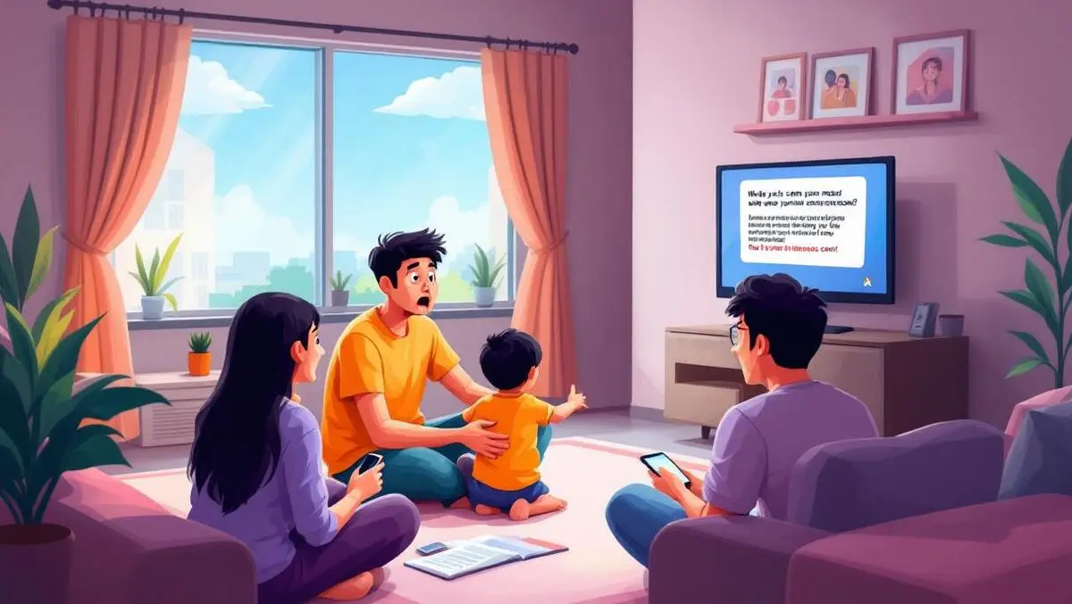 Malaysian family in living room watching tv alarmed by online scam alerts