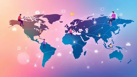 Global business professionals collaborating over digital workspace tools