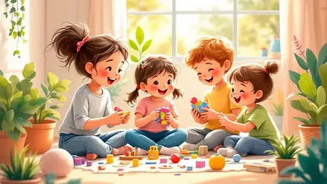 Happy children playing creative toys crafts nature indoor joyful mindfulness