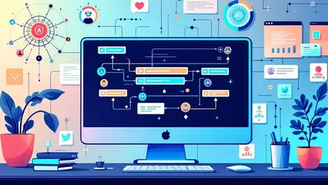 Computer screen customer journey map digital pathways ai icons futuristic