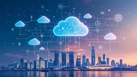 Interconnected cloud icons data streams ai elements singapore skyline