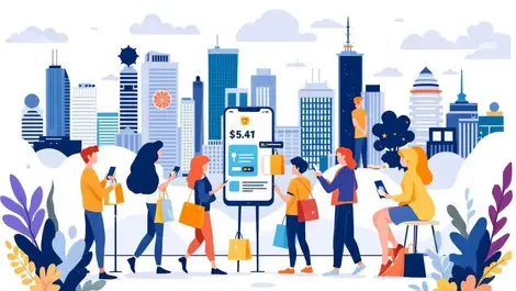 Young australians shopping online smartphones digital payments cityscape