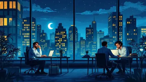Tired office workers louisiana cityscape night stress exhaustion illustration
