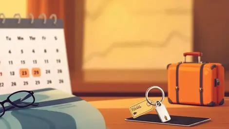 Hotel room key table suitcase travel guide calendar flexible dates warm