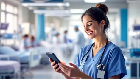 Nurse smiling using digital device ai assistance hospital efficiency
