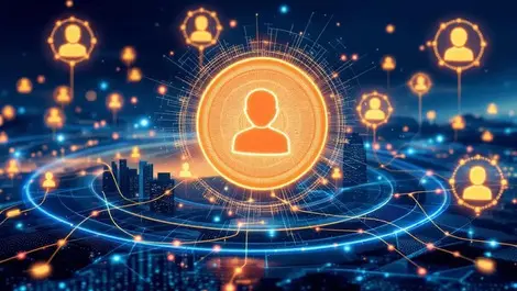 Digital coins linked to biometric identity icons singapore cityscape