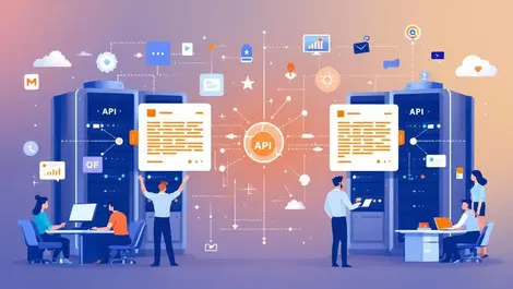 Digital illustration interconnected computer servers data streams teamwork