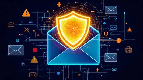 Email inbox digital shield cyber security warning icons protection