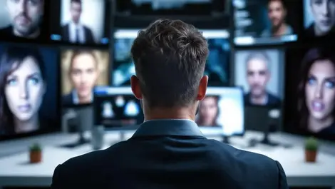 Worried businessperson digital screens suspicious faces online identity fraud