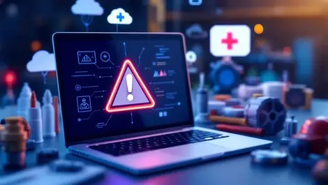 Photorealistic laptop warning screen digital threats construction healthcare manufacturing