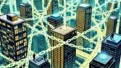 Uk office buildings interconnected digital chains chain breaks breaches illustration