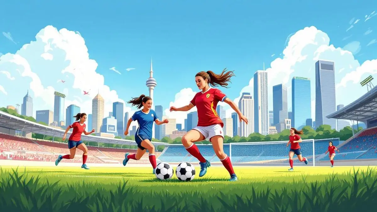 Female soccer players playing on grassy stadium field with australian city skyline