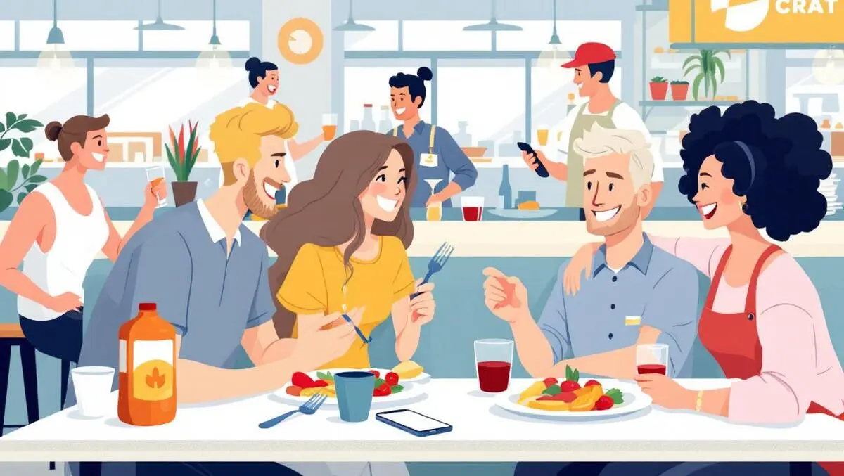 Happy diners enjoying meal busy australian restaurant digital payment