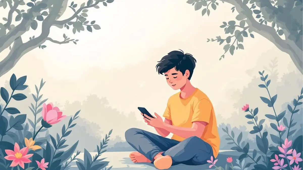Young singaporean person using smartphone calm nature digital wellness growth