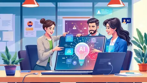 Modern office professionals collaborating laptop neural network ai integration