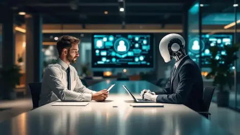 Australian office manager with humanoid robot and security icons