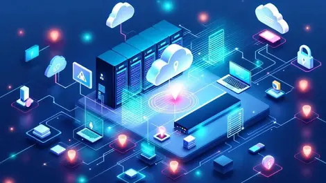 Modern server room cloud symbols continuous vulnerability scanning