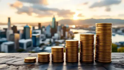 Wellington cbd aerial golden hour rising profits nz coins graph