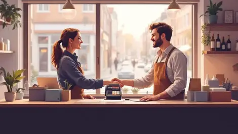 Uk high street shop owner shakes hands with fintech rep interior