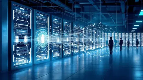 Secure data center night anonymized ai data silhouettes glow