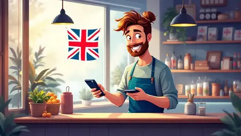 Uk shop owner accepting digital wallet payment union jack scene