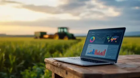 Canadian grain farm sunrise laptop field data charts tractor bg