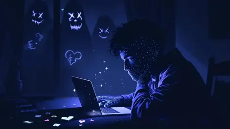 Lonely london flat laptop glowing digital figure masked shadows broken hearts