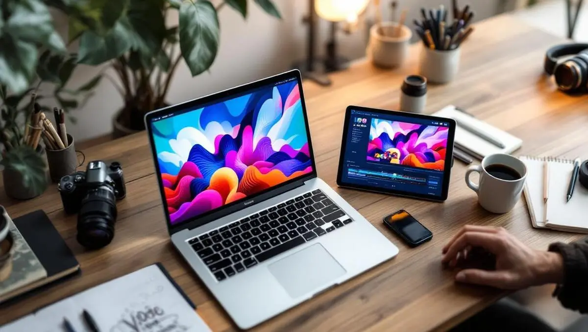 Creative home workspace laptop tablet generating abstract media