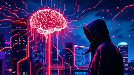 Hooded cybercriminal ai brain red attack lines singapore night