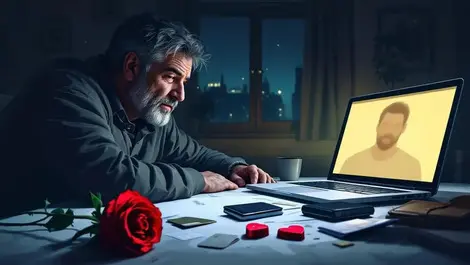 Moody london flat middle aged man romance scam laptop wallet rose