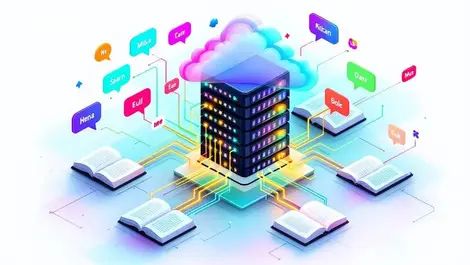 Cloud server stack multilingual books speech bubbles vector