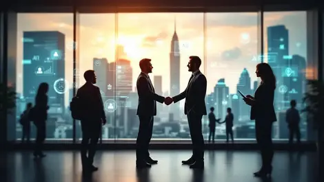 Hr manager shakes hands with contractor ai office singapore skyline