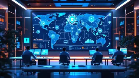 Modern soc security ops center ai dashboard worldmap blue tones