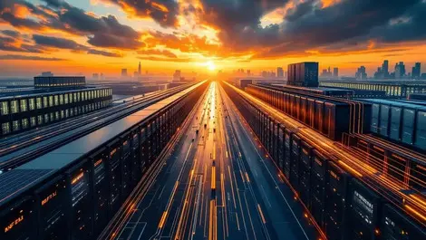 Massive us cloud data center at sunset ai fiber activity view