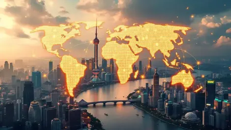 Shanghai bund aerial river to glowing world map currency network